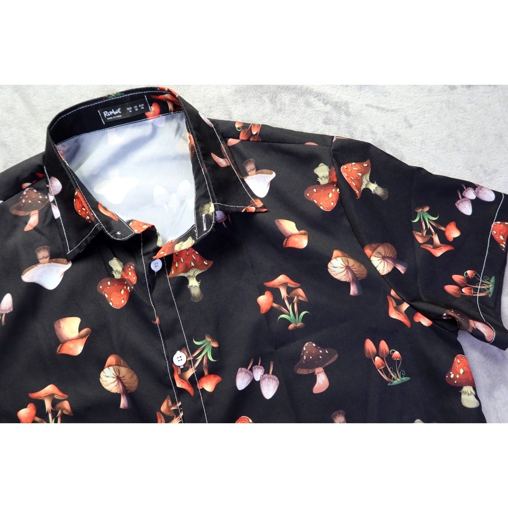 Mushroom Print Button Up Graphic‎ Shirt Black Men's M ROMwe